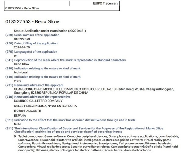  OPPO向歐盟提交“Reno Glow”商標(biāo)申請，名稱暗示新機特性