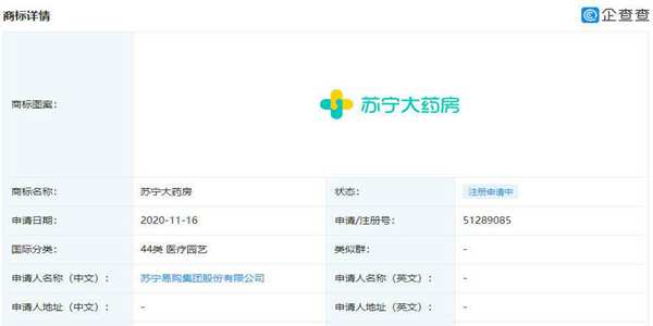 蘇寧易購(gòu)申請(qǐng)“蘇寧大藥房”商標(biāo)
