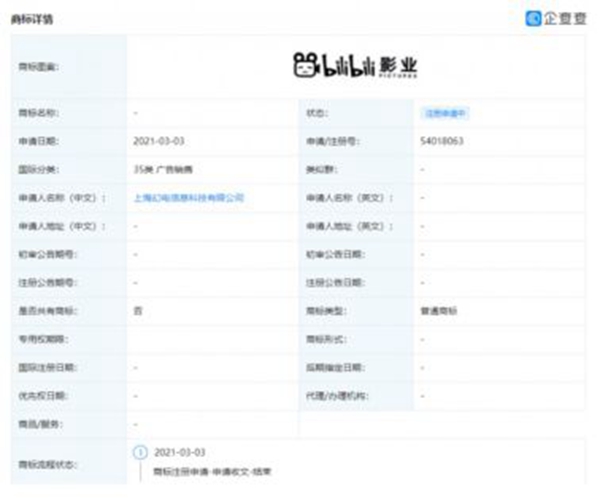 B站申請(qǐng)“bilibili影業(yè)”“BVideo”等商標(biāo)
