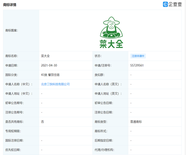 美團(tuán)申請注冊“菜大全”商標(biāo)，國際分類涉及39類43類