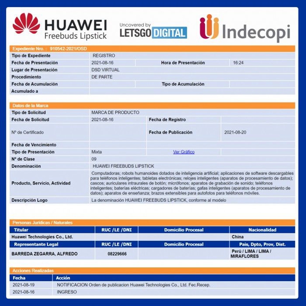 華為申請“Freebuds Lipstick”商標