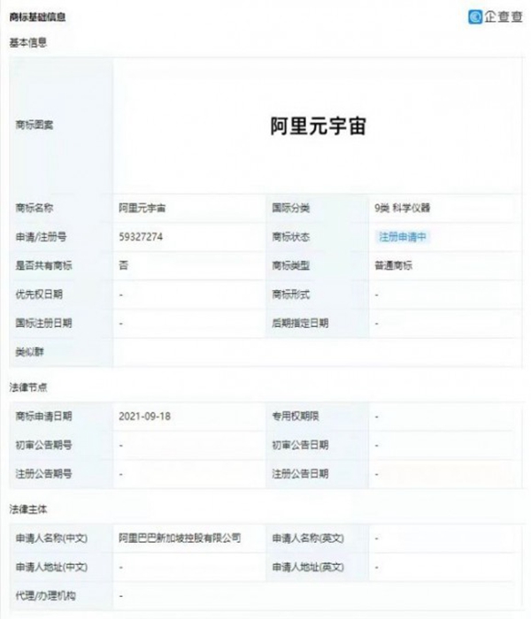 阿里巴巴申請注冊“阿里元宇宙”“淘寶元宇宙”等商標(biāo)
