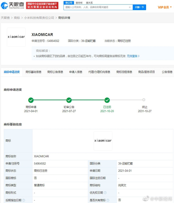 小米汽車將于2024年上半年量產(chǎn)，多個(gè)相關(guān)商標(biāo)注冊成功