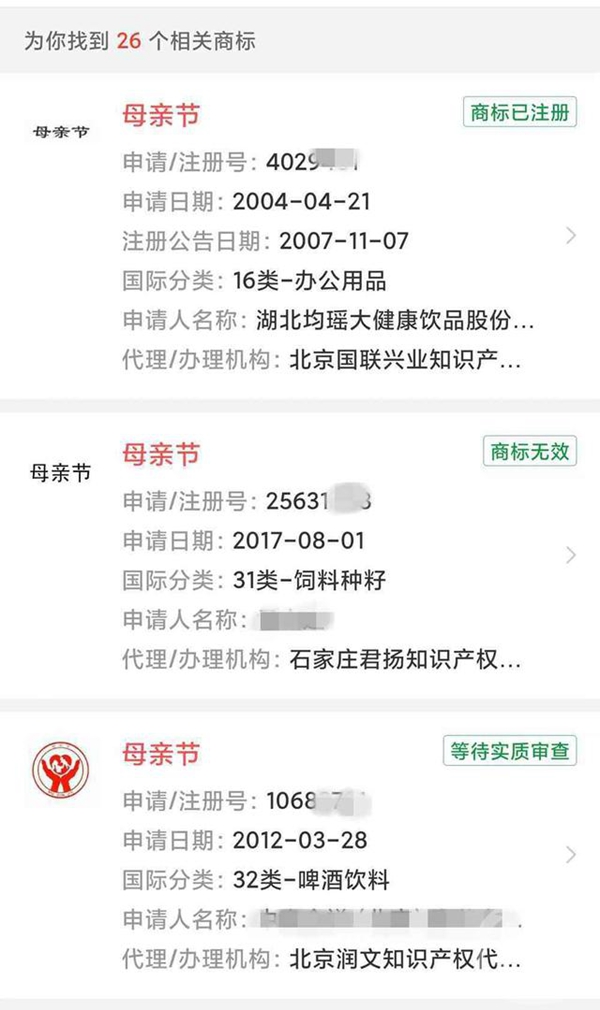 全國(guó)與母親節(jié)有關(guān)的商標(biāo)申請(qǐng)共有26條