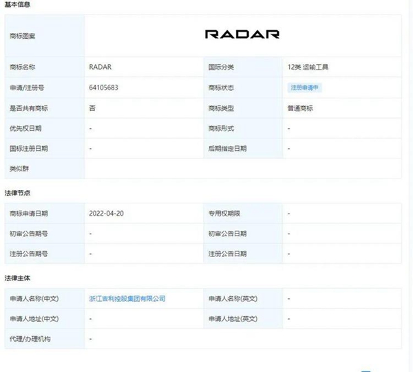 吉利注冊(cè)新商標(biāo)“RADAR”，高端新能源皮卡品牌將面世