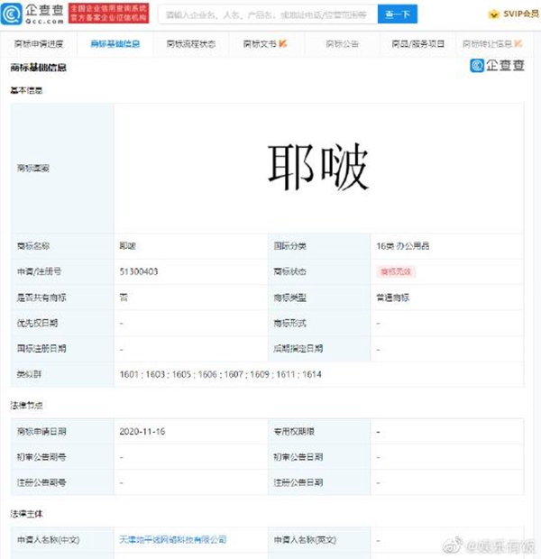 王一博“耶?！鄙虡?biāo)與“椰?！毕嗨票获g回注冊(cè)申請(qǐng)