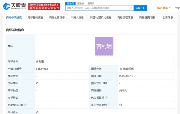 騰訊申請(qǐng)注冊(cè)“吉利姐”商標(biāo)