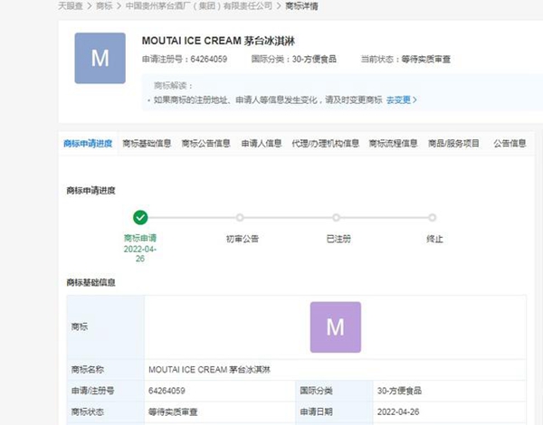 茅臺申請注冊“茅臺冰淇淋”商標