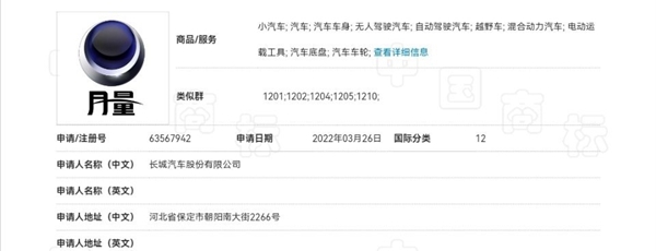 長城申請新商標(biāo)“月量”