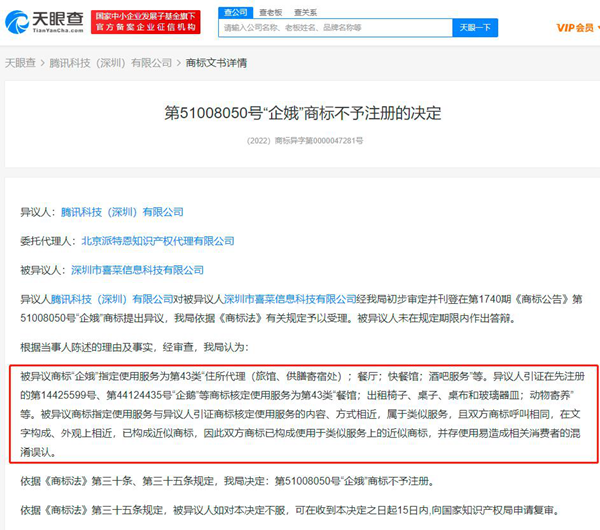 騰訊異議企娥商標成功