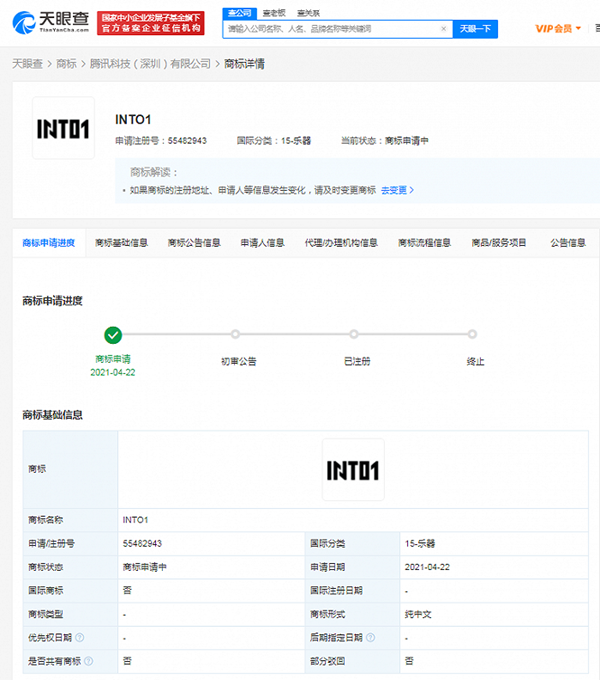 騰訊申請(qǐng)注冊(cè)“INTO1”商標(biāo)