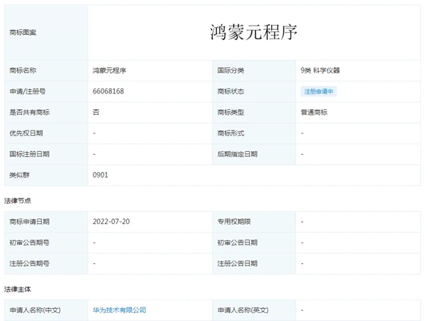 華為再次申請(qǐng)注冊(cè)“鴻蒙元程序”商標(biāo)