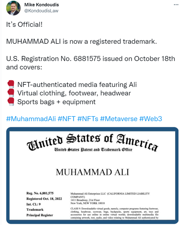拳王阿里將姓名注冊為 NFT 和元宇宙商標