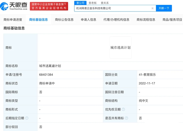 網(wǎng)易云音樂申請注冊“城市逃離遍計(jì)劃”商標(biāo)