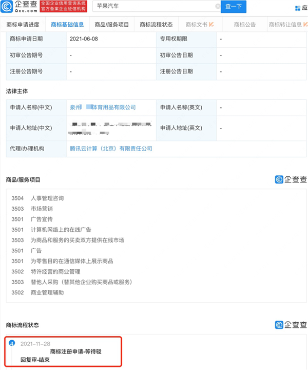 蘋果汽車“APPLE CAR“相關(guān)商標(biāo)已被搶注