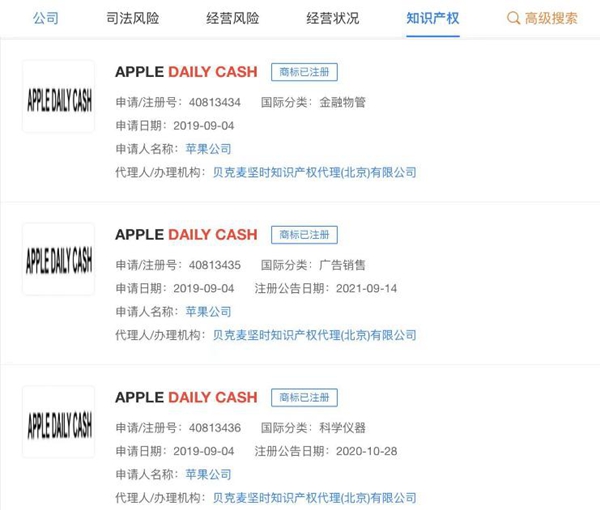 蘋果注冊多枚“DAILY CASH”“APPLE CASH”商標(biāo)