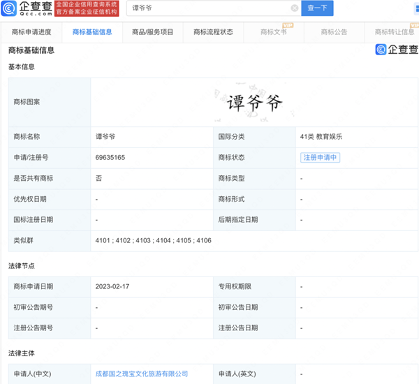 成都大熊貓基地注冊(cè)譚爺爺商標(biāo)