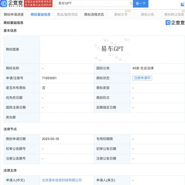 易車網(wǎng)申請(qǐng)注冊(cè)多個(gè)GPT商標(biāo)
