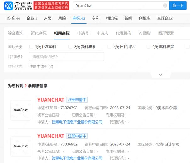 浪潮信息申請注冊“YuanChat”商標(biāo)