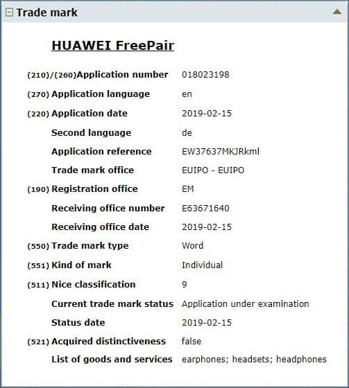華為無線耳機商標“FreePair”“HiPair”曝光，已在歐盟提交商標注冊申請